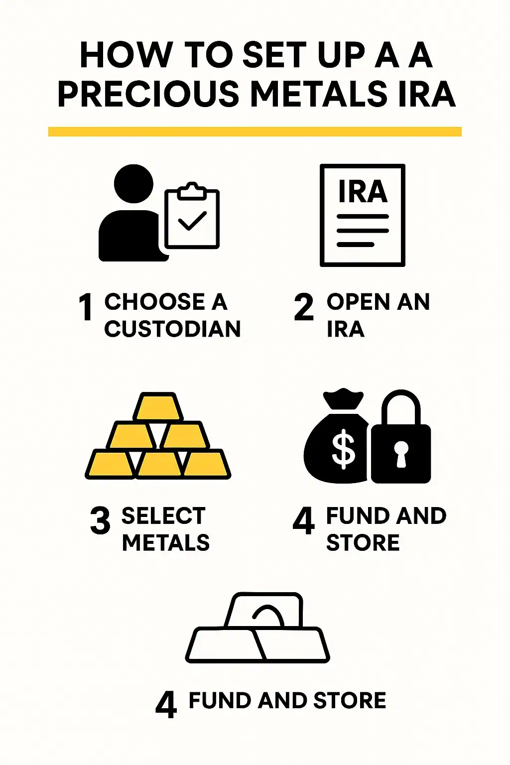 how_to_set_up_precious_metals_ira_corrected Step-by-step visual guide to setting up a precious metals IRA with custodian, funding, metal selection, and storage
